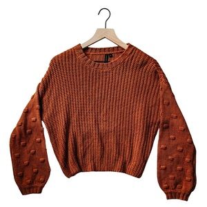 Rust Knit Sweater with Textured Bubble Sleeves